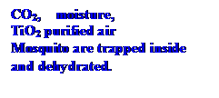 r: CO2,  moisture,
TiO2 purified air
Mosquito are trapped inside and dehydrated.
